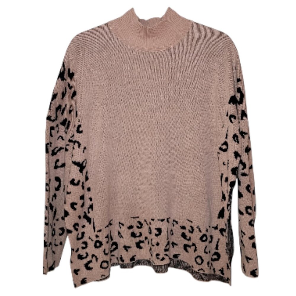 Leopard Print Pullover Sweater Mock Neck Womens Small Boho Animal Print - Picture 1 of 9